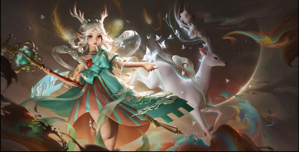 瑶瑶遇见神鹿王者荣耀皮肤，采用了敦煌壁画中的元素，以青绿色为主色调，设计出了这款极具古典美的皮肤