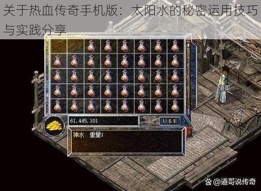 关于热血传奇手机版：太阳水的秘密运用技巧与实践分享