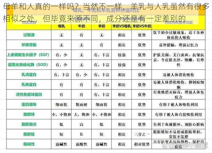 母羊和人真的一样吗？当然不一样，羊乳与人乳虽然有很多相似之处，但毕竟来源不同，成分还是有一定差别的