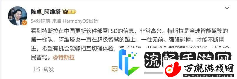 特斯拉FSD在华上线-阿维塔总裁陈卓期待切磋共促智能驾驶发展